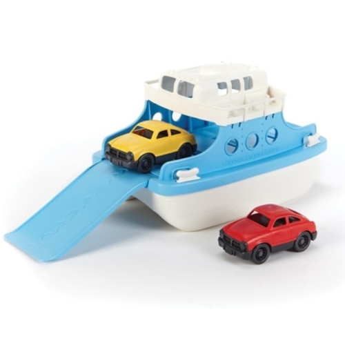 Traghetto di giocattoli verdi con auto